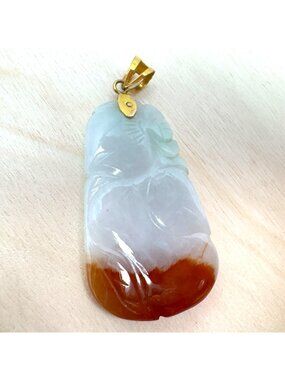 Two-Tone Carved Jade Pendant 14K Gold Bale Peach Motif Long Life Vintage 2"